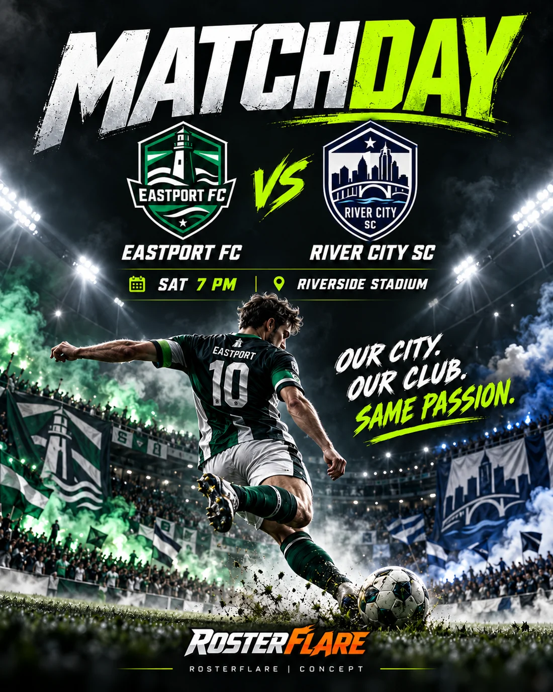 Concept match day artwork for fictional Eastport FC